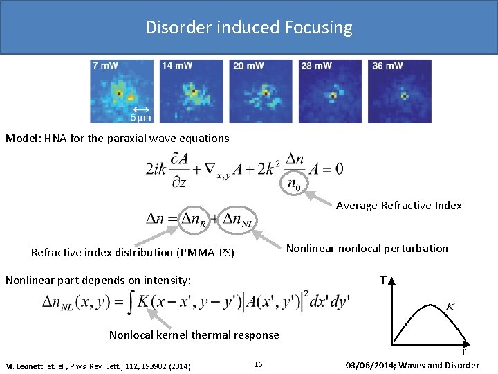 Disorder induced Focusing Model: HNA for the paraxial wave equations 1 µm Average Refractive