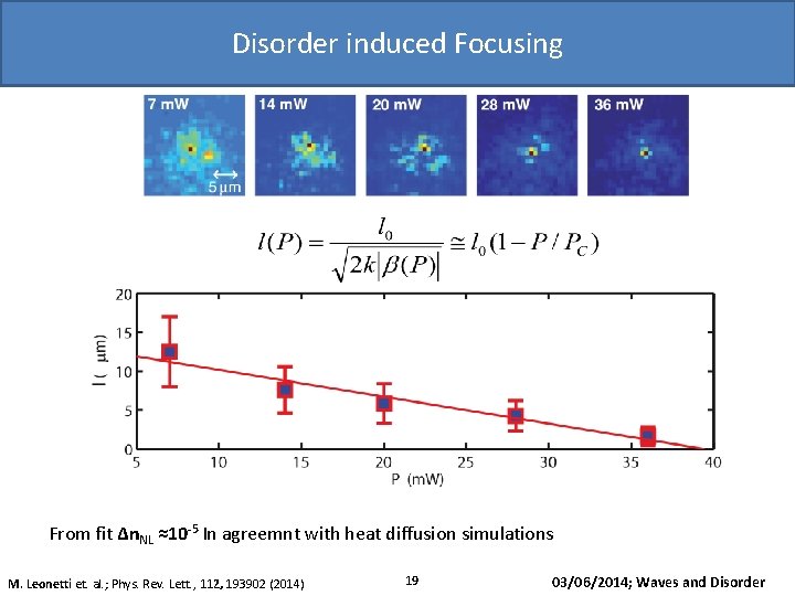 Disorder induced Focusing 1 µm From fit Δn. NL ≈10 -5 In agreemnt with