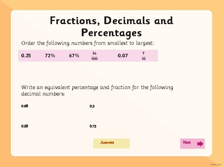 Fractions, Decimals and Percentages Order the following numbers from smallest to largest: 0. 25