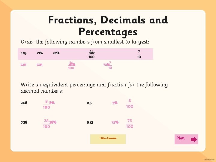 Fractions, Decimals and Percentages Order the following numbers from smallest to largest: 0. 25