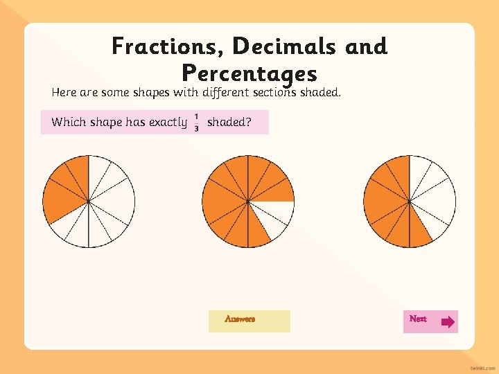 Fractions, Decimals and Percentages Here are some shapes with different sections shaded. Which shape