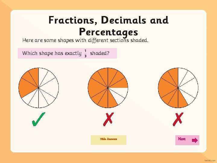 Fractions, Decimals and Percentages Here are some shapes with different sections shaded. Which shape