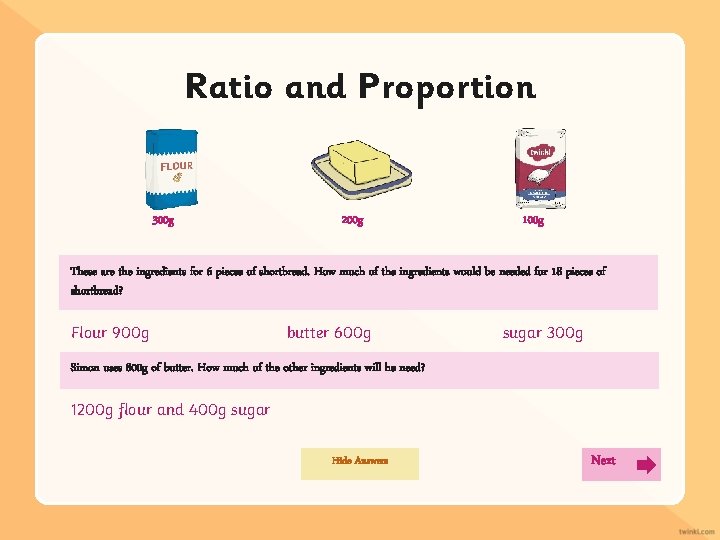 Ratio and Proportion 300 g 200 g 100 g These are the ingredients for