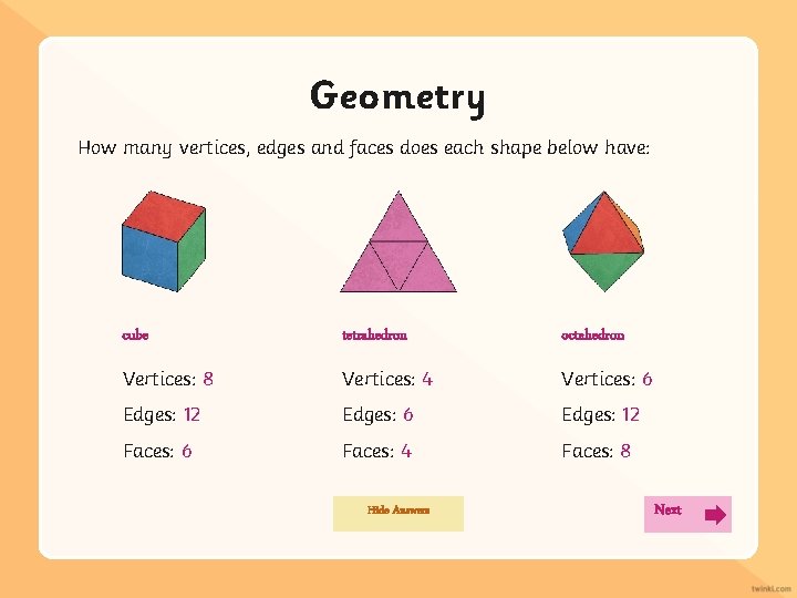 Geometry How many vertices, edges and faces does each shape below have: cube tetrahedron