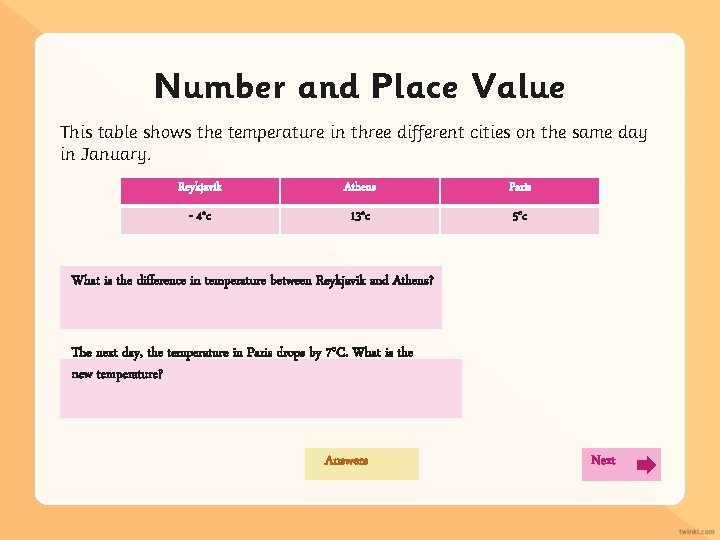 Number and Place Value This table shows the temperature in three different cities on