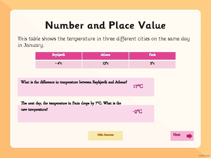 Number and Place Value This table shows the temperature in three different cities on