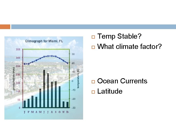 Temp Stable? What climate factor? Ocean Currents Latitude 