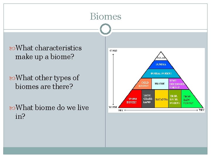 Biomes What characteristics make up a biome? What other types of biomes are there?