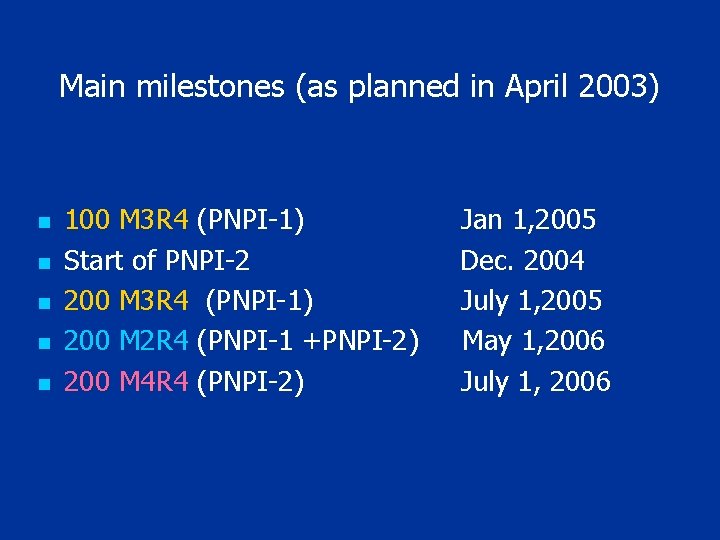 Main milestones (as planned in April 2003) n n n 100 M 3 R
