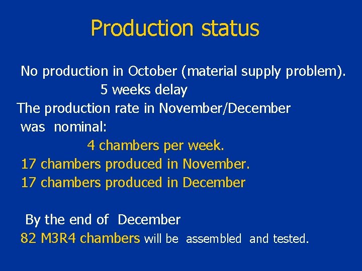 Production status No production in October (material supply problem). 5 weeks delay The production