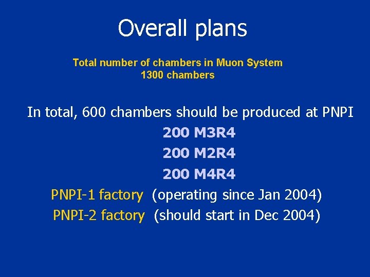 Overall plans Total number of chambers in Muon System 1300 chambers In total, 600