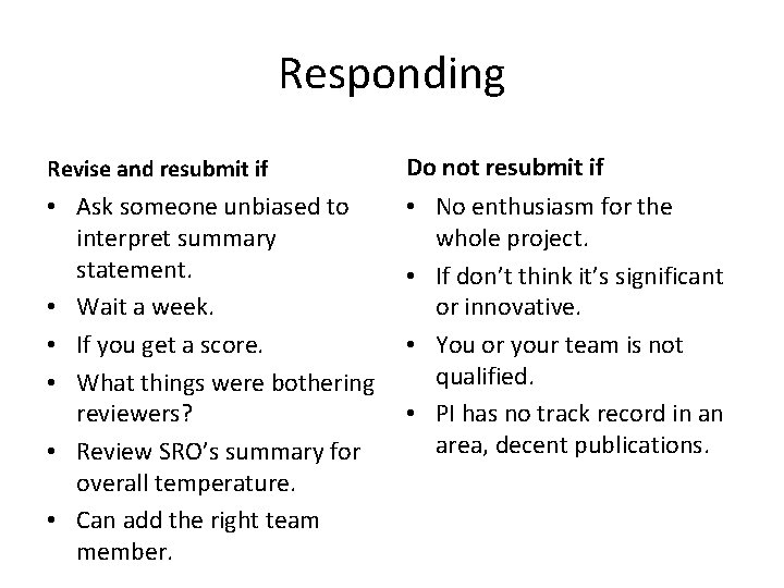 Responding Revise and resubmit if Do not resubmit if • Ask someone unbiased to