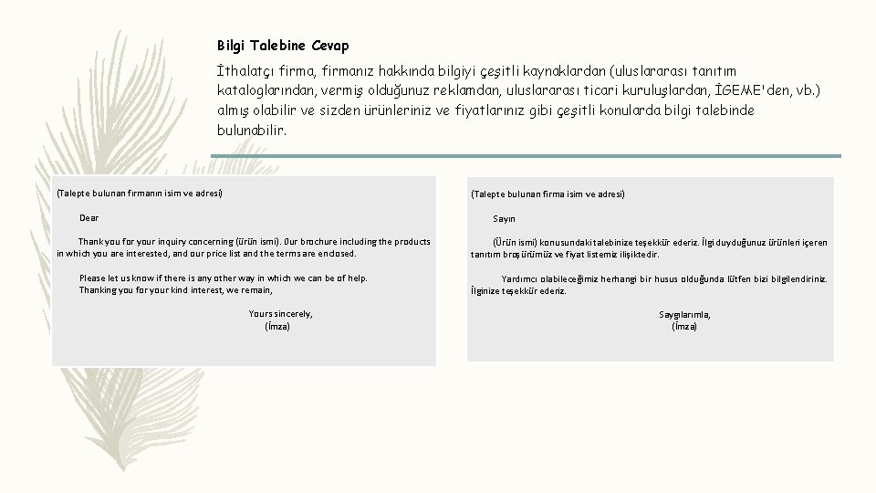 Bilgi Talebine Cevap İthalatçı firma, firmanız hakkında bilgiyi çeşitli kaynaklardan (uluslararası tanıtım kataloglarından, vermiş