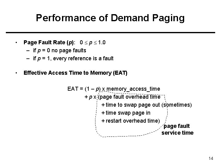 Performance of Demand Paging • Page Fault Rate (p): 0 p 1. 0 –