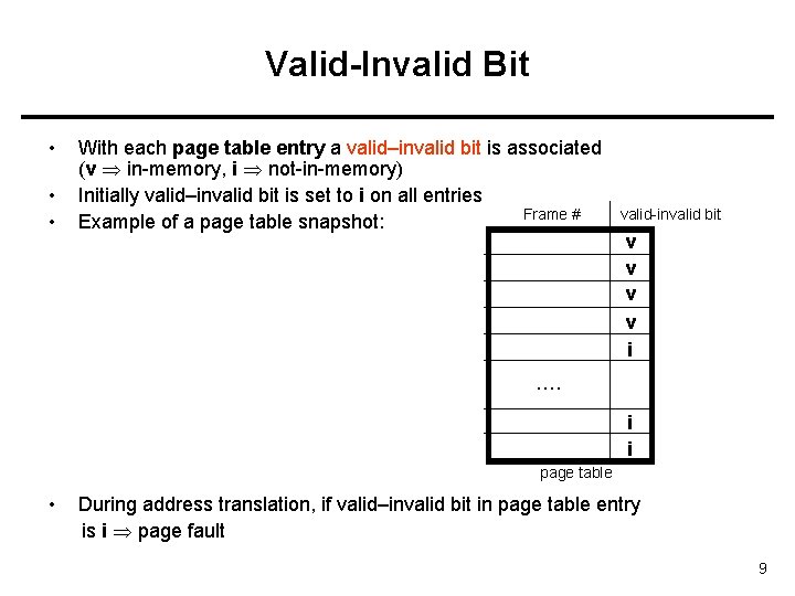 Valid-Invalid Bit • • • With each page table entry a valid–invalid bit is