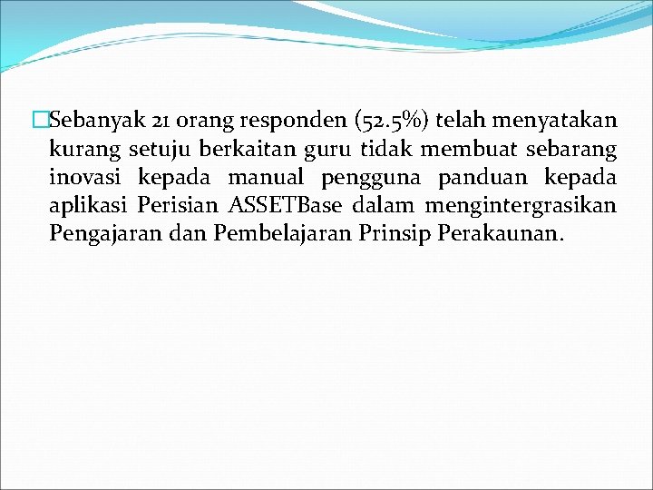 �Sebanyak 21 orang responden (52. 5%) telah menyatakan kurang setuju berkaitan guru tidak membuat