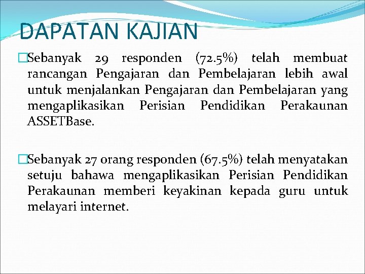 DAPATAN KAJIAN �Sebanyak 29 responden (72. 5%) telah membuat rancangan Pengajaran dan Pembelajaran lebih