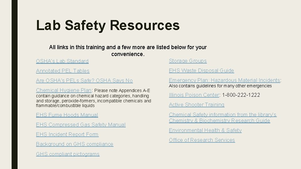 Lab Safety Resources All links in this training and a few more are listed