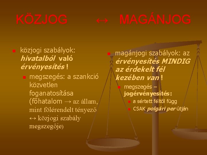 KÖZJOG n ↔ MAGÁNJOG közjogi szabályok: hivatalból való érvényesítés ! n megszegés: a szankció