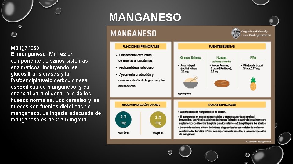 MANGANESO Manganeso El manganeso (Mn) es un componente de varios sistemas enzimáticos, incluyendo las
