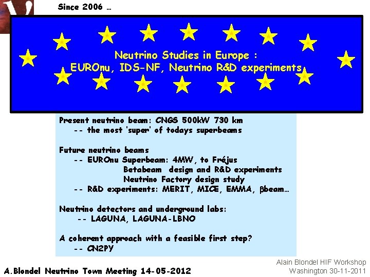 Since 2006 … Neutrino Studies in Europe : EUROnu, IDS-NF, Neutrino R&D experiments Present