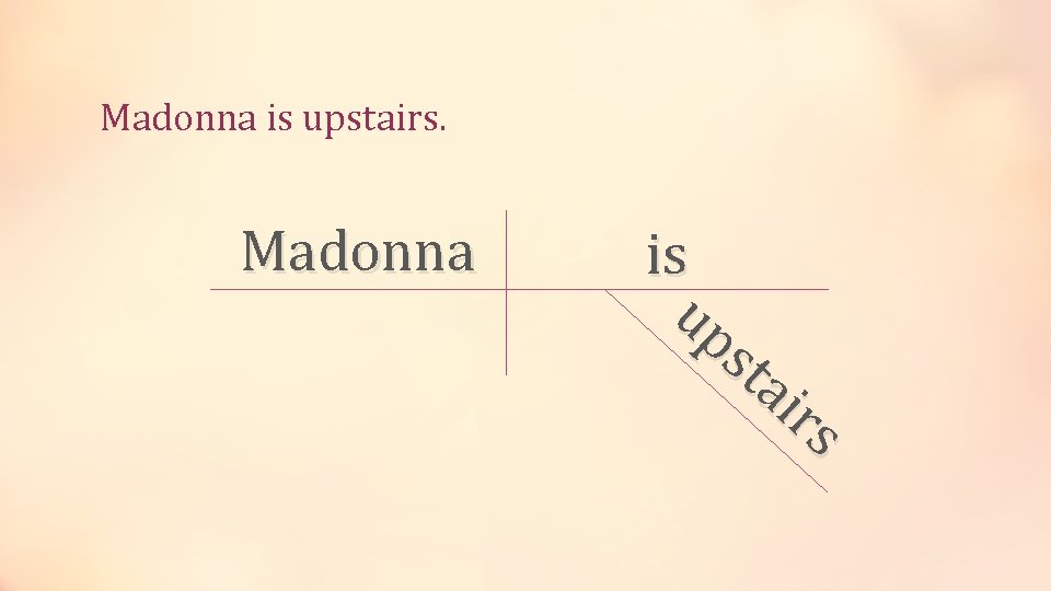 Madonna is upstairs. Madonna is up st ai rs 