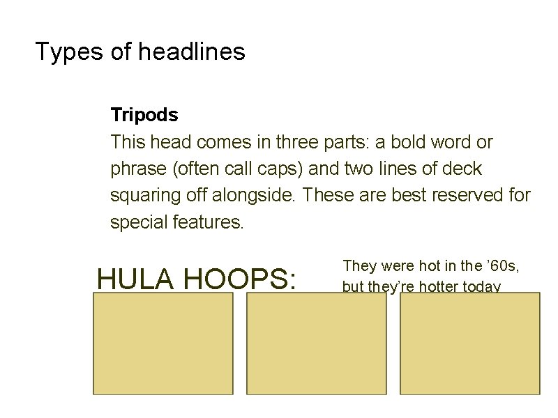 Types of headlines Tripods This head comes in three parts: a bold word or