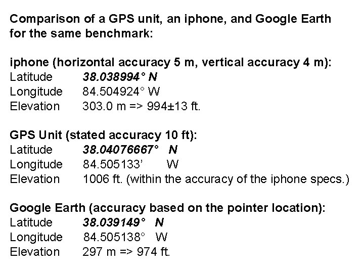 Comparison of a GPS unit, an iphone, and Google Earth for the same benchmark: