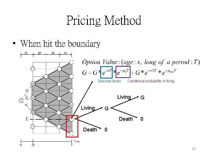 Pricing Method • When hit the boundary Discount factor Conditional probability of living Living