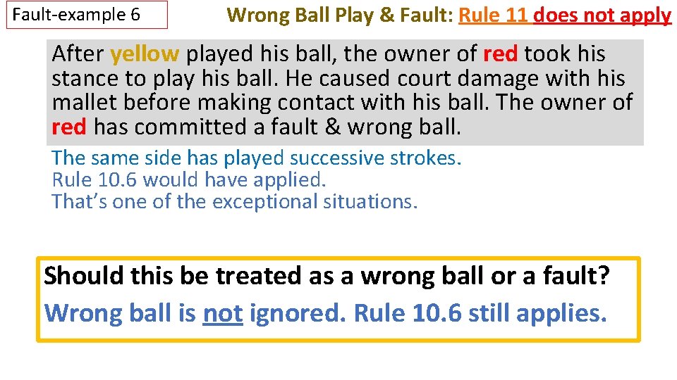Fault-example 6 Wrong Ball Play & Fault: Rule 11 does not apply After yellow