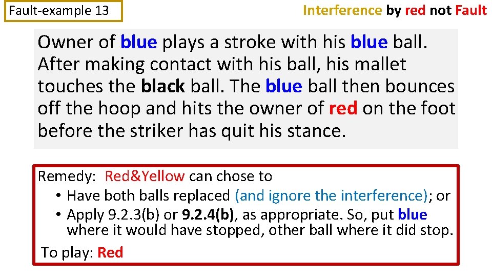 Fault-example 13 Interference by red not Fault Owner of blue plays a stroke with