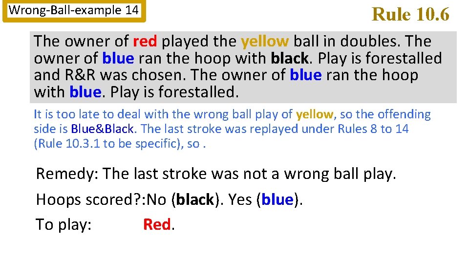 Wrong-Ball-example 14 Rule 10. 6 The owner of red played the yellow ball in