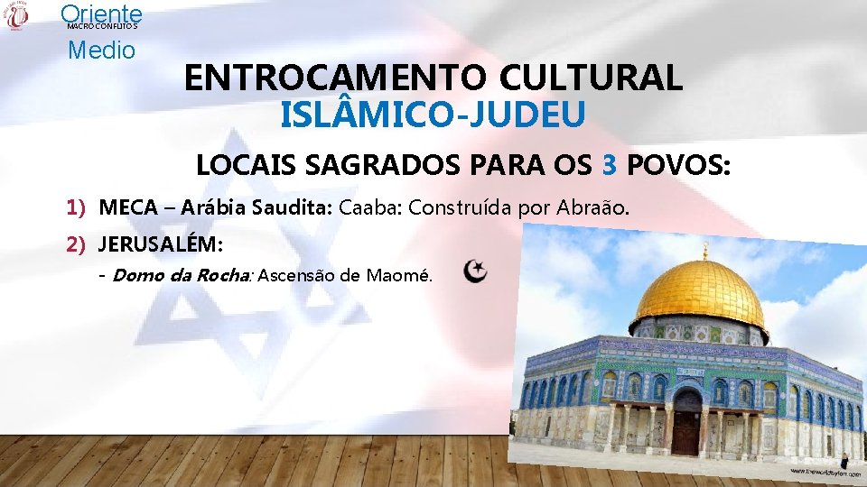 Oriente Medio MACRO CONFLITOS ENTROCAMENTO CULTURAL ISL MICO-JUDEU LOCAIS SAGRADOS PARA OS 3 POVOS: