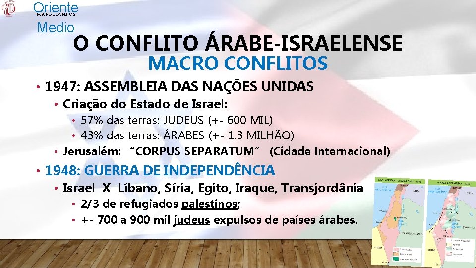 Oriente Medio MACRO CONFLITOS O CONFLITO ÁRABE-ISRAELENSE MACRO CONFLITOS • 1947: ASSEMBLEIA DAS NAÇÕES