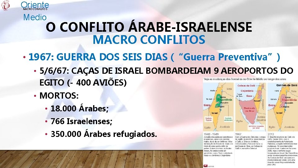 Oriente Medio MACRO CONFLITOS O CONFLITO ÁRABE-ISRAELENSE MACRO CONFLITOS • 1967: GUERRA DOS SEIS