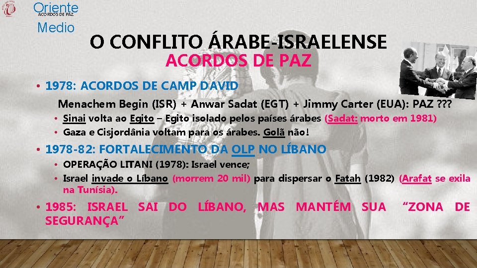 Oriente Medio ACORDOS DE PAZ O CONFLITO ÁRABE-ISRAELENSE ACORDOS DE PAZ • 1978: ACORDOS