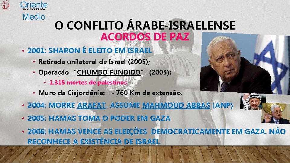 Oriente Medio ACORDOS DE PAZ O CONFLITO ÁRABE-ISRAELENSE ACORDOS DE PAZ • 2001: SHARON