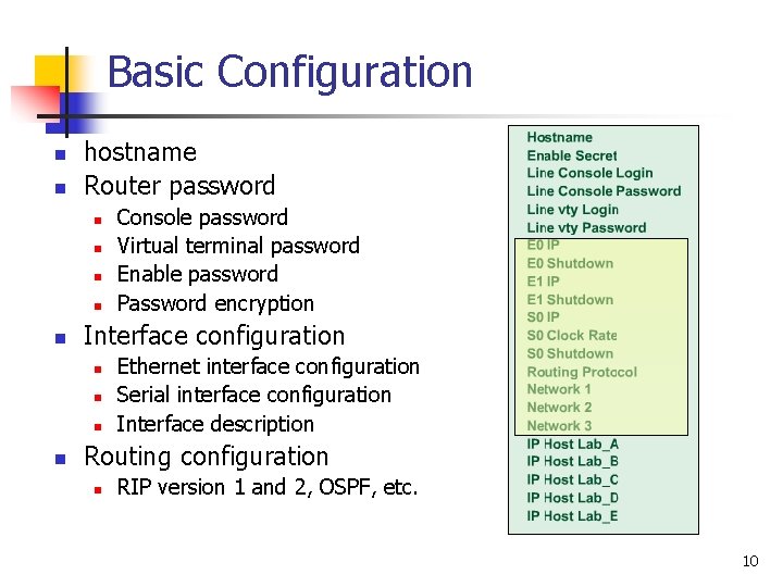 Basic Configuration n n hostname Router password n n n Interface configuration n n