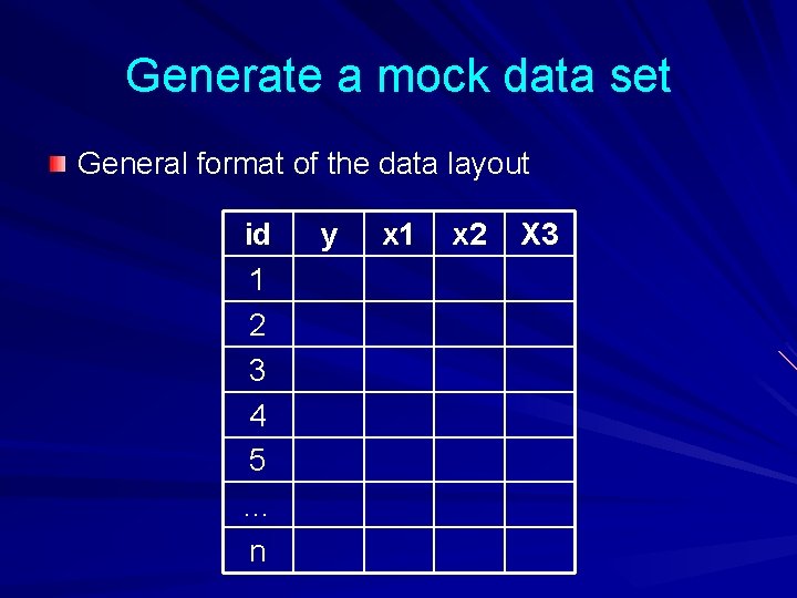 Generate a mock data set General format of the data layout id 1 2