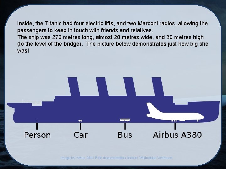 Inside, the Titanic had four electric lifts, and two Marconi radios, allowing the passengers