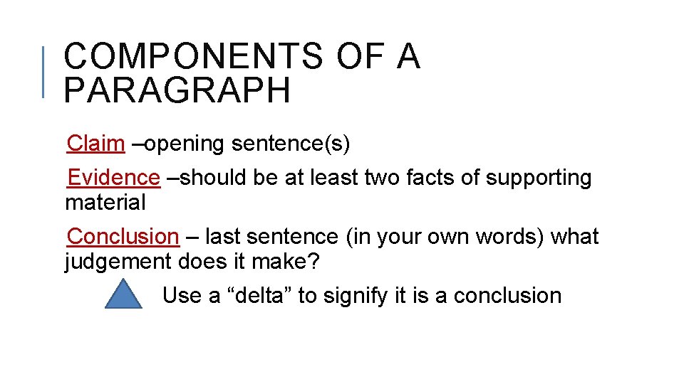 COMPONENTS OF A PARAGRAPH Claim –opening sentence(s) Evidence –should be at least two facts