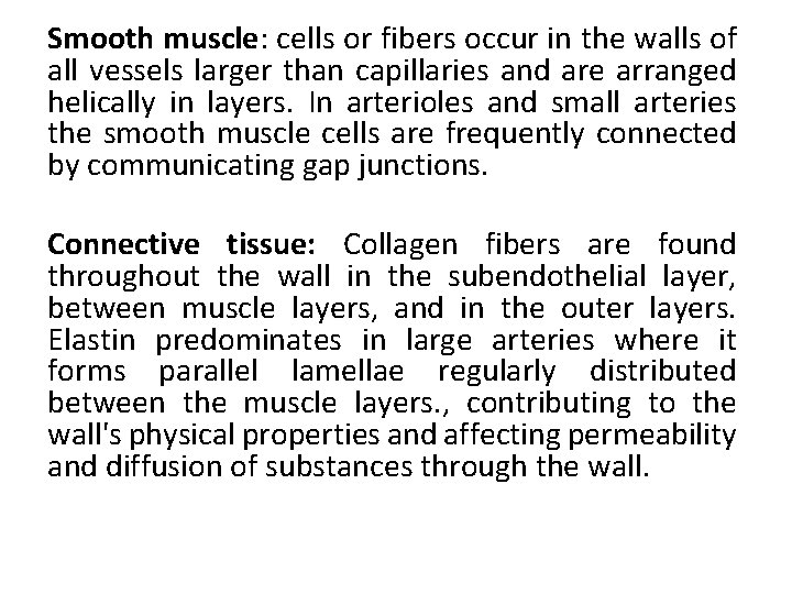 Smooth muscle: cells or fibers occur in the walls of all vessels larger than