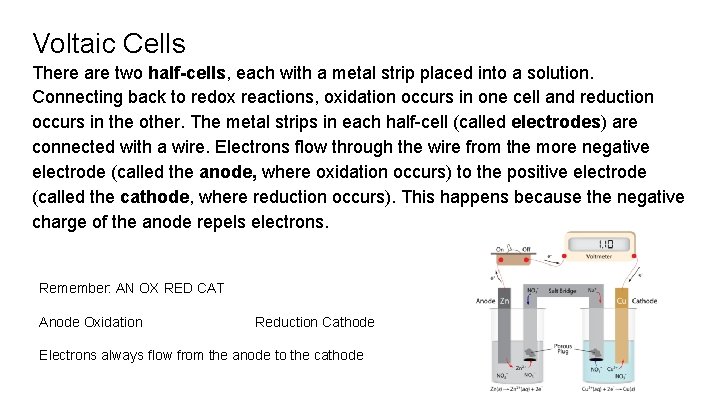 Voltaic Cells There are two half-cells, each with a metal strip placed into a