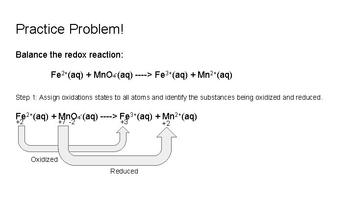 Practice Problem! Balance the redox reaction: Fe 2+(aq) + Mn. O 4 -(aq) ---->