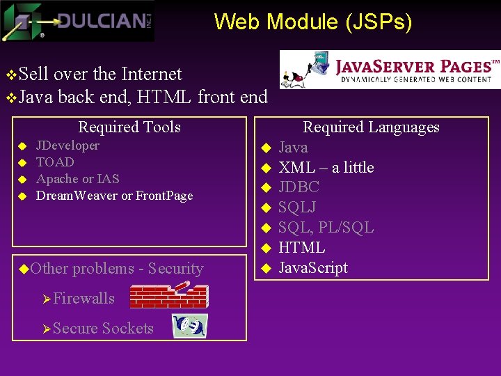 Web Module (JSPs) v. Sell over the Internet v. Java back end, HTML front