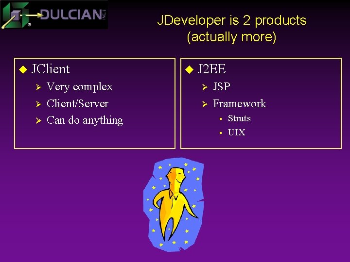 JDeveloper is 2 products (actually more) u JClient Ø Ø Ø Very complex Client/Server