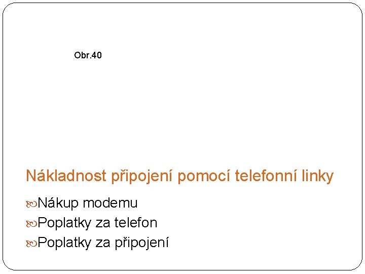 Obr. 40 Nákladnost připojení pomocí telefonní linky Nákup modemu Poplatky za telefon Poplatky za