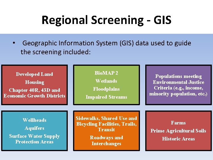 Regional Screening - GIS • Geographic Information System (GIS) data used to guide the