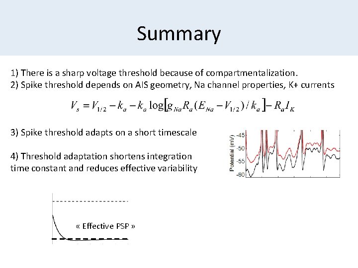 Summary 1) There is a sharp voltage threshold because of compartmentalization. 2) Spike threshold