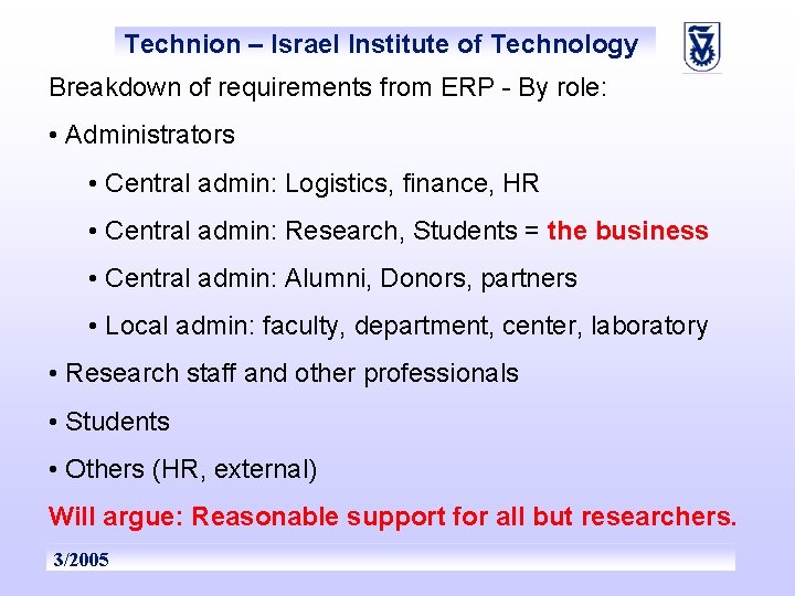 Technion – Israel Institute of Technology Breakdown of requirements from ERP - By role: